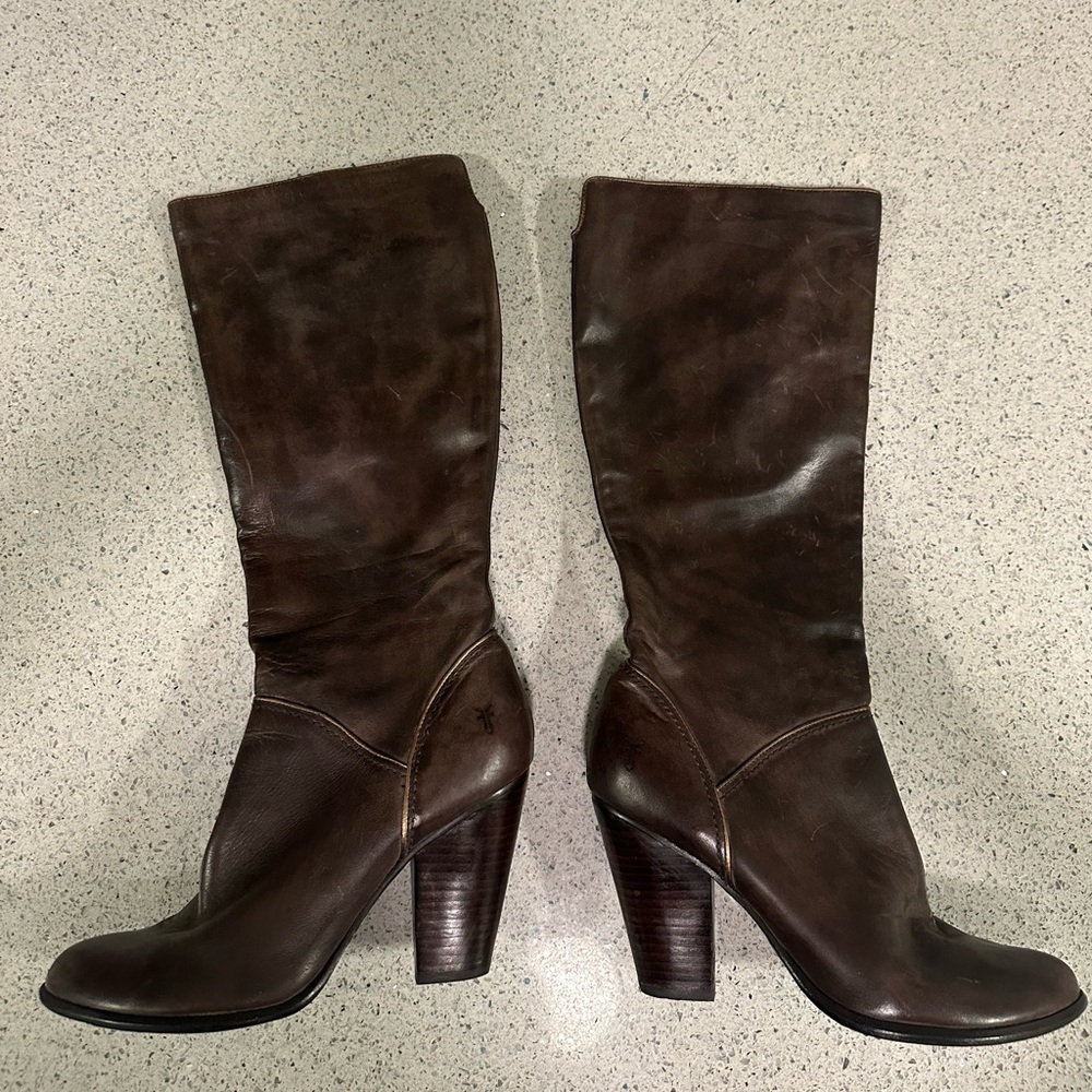 Frye Betty Inside Zip Dark Brown Heeled Boots - Picture 2 of 16